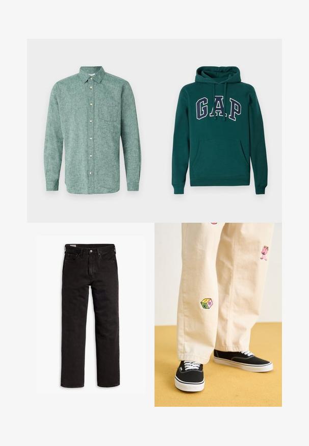Tmavomodrá mikina z bavlneného zmesi, s veľkým logom "G.A.P." v bielej a námorníckej modrej farbe, prednou klokankou a kapucňou so šnúrkou.; GAP STANDARD - Košeľa - rain forest; Čierne džínsy s rovnými nohavicami, s piatimi vreckami, s rozopínaním na gombík a pútkami na opasok, položené na bielom pozadí.; Béžové bavlnené nohavice s hravými vyšívanými vzormi vrátane ružovej postavy a farebného bloku, skombinované s čiernymi šnurovacími teniskami.