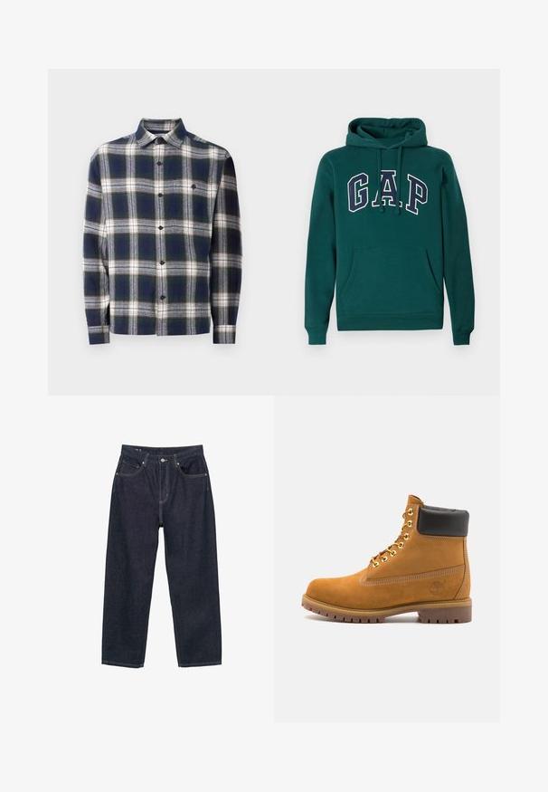 Temno zelena kapuca iz mešanice bombaža, z značilnim velikim logotipom "G.A.P." v beli in mornarsko modri barvi, sprednjim kenguru žepom in kapuco z vrvico.; Moška srajca z dolgimi rokavi in gumbi, s temno modrim, belim in zelenim velikim karirastim vzorcem ter enim žepom na prsih.; Temno modri kavbojasti hlače ohlapnega kroja, ki imajo pet žepov, kontrastne rumene šive in gumbno zapiranje spredaj.; Svetlo rjave anklne čizme iz semiša z črnim oblazinjenim ovratnikom, zlatimi kovinskimi očesci, belimi šivi in robustnim gumijastim podplatom s izrazitimi tredi.