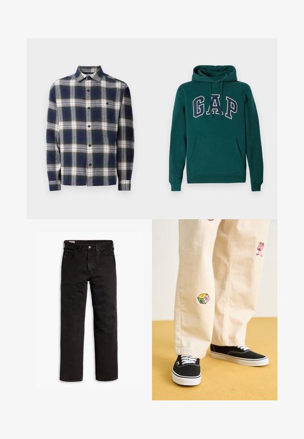 Felpa verde scuro in misto cotone, con un grande logo "G.A.P." in bianco e blu navy, tasca a marsupio frontale e cappuccio con coulisse.; Camicia da uomo a maniche lunghe con bottoni, con un grande motivo a quadri in blu navy, bianco e verde e una tasca sul petto.; Jeans in denim neri a gamba dritta con cinque tasche, chiusura a bottone e passanti per cintura, adagiati su uno sfondo bianco.; Pantaloni di cotone beige con divertenti ricami che includono un personaggio rosa e un blocco colorato, abbinati a sneaker nere con lacci.
