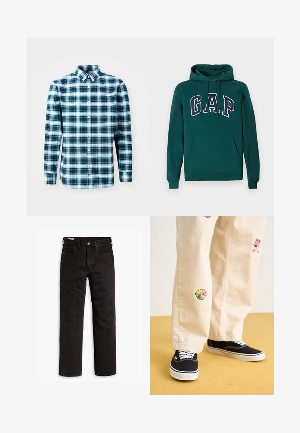 Hanorac de culoare verde închis, confecționat dintr-un amestec de bumbac, având un mare logo "G.A.P." în alb și bleumarin, un buzunar frontal tip marsupiu și glugă cu șnur.; Cămașă cu mâneci lungi în carouri verzi și albe, cu guler tip button-down și nasturi pe față. Fabricată dintr-un material ușor, având un design structurat.; Jeans din denim negri cu picior drept, cu cinci buzunare, închidere cu nasture și bucle pentru curea, așezați plat pe un fundal alb.; Pantaloni din bumbac bej cu modele brodate jucăușe, inclusiv un personaj roz și un bloc colorat, asortați cu teniși negri cu șireturi.