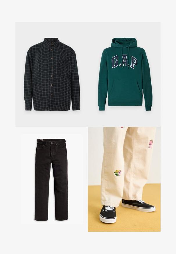 Dunkelgrüne Kapuzenjacke aus Baumwollmischung, mit einem großen "G.A.P."-Logo in Weiß und Marineblau, einer frontalen Kängurutasche und einer Kapuze mit Zugband.; Schwarzes langärmliges Hemd mit Knopfleiste, weißen Karomuster, Brusttasche und braunen Knöpfen auf weißem Hintergrund.; Schwarze gerade Jeans aus Denim mit fünf Taschen, Knopfverschluss und Gürtelschlaufen, flach auf einem weißen Hintergrund ausgelegt.; Beige Baumwollhosen mit verspielten, gestickten Motiven, darunter eine pinke Figur und bunte Blöcke, kombiniert mit schwarzen Schnürsneakern.