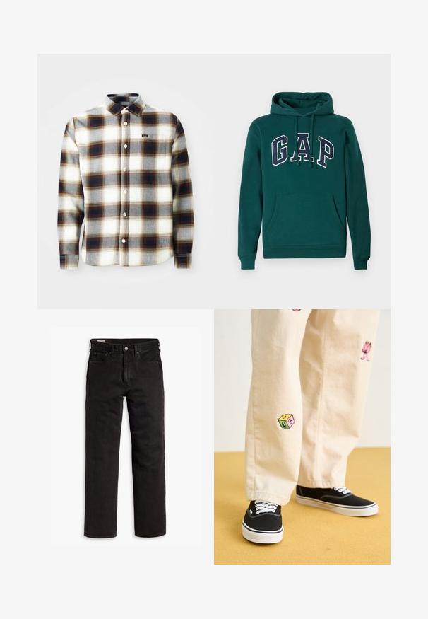 Donkergroene hoodie van een katoenmix, met een groot "G.A.P." logo in wit en marineblauw, een voorste kangoeroezak en een capuchon met trekkoord.; Langetermijn gestreepte blouse in wit, grijs en bruin. Heeft een knoopsluiting, klassieke kraag en een klein merkembleem op de borst.; Zwarte recht gesneden denim jeans met vijf zakken, knoopsluiting en riemlussen, plat gelegd op een witte achtergrond.; Beige katoenen broek met speelse geborduurde ontwerpen, waaronder een roze figuur en een gekleurd blok, gecombineerd met zwarte veterschoenen.
