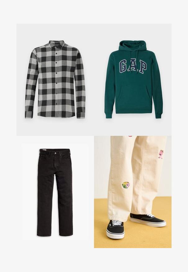 Tmavomodrá mikina z bavlneného zmesi, s veľkým logom "G.A.P." v bielej a námorníckej modrej farbe, prednou klokankou a kapucňou so šnúrkou.; Čierna a sivá kockovaná košeľa s dlhým rukávom, s gombíkovým zapínaním. Má golier a čierne gombíky. Vyrobená z mäkkej, textúrovanej látky.; Čierne džínsy s rovnými nohavicami, s piatimi vreckami, s rozopínaním na gombík a pútkami na opasok, položené na bielom pozadí.; Béžové bavlnené nohavice s hravými vyšívanými vzormi vrátane ružovej postavy a farebného bloku, skombinované s čiernymi šnurovacími teniskami.