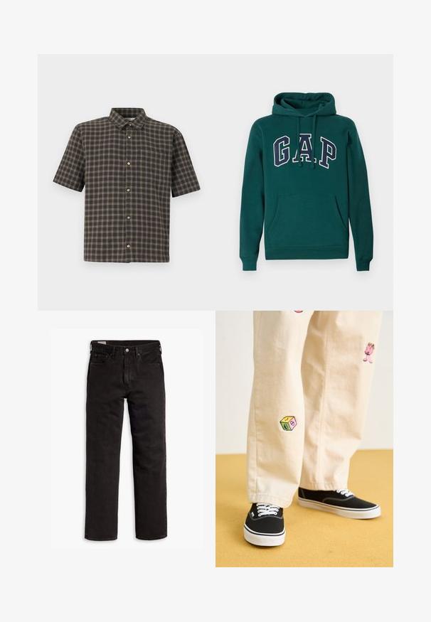 Moleton verde escuro feito de uma mistura de algodão, com um grande logotipo "G.A.P." em branco e azul-marinho, um bolso frontal tipo canguru e capuz com cordão.; Hollister Co. Boxy Short-Sleeve Plaid Shirt - Camisa - melbourne black; Jeans de denim pretos de perna reta com cinco bolsos, fecho de botão e passantes para cinto, dispostos em uma superfície branca.; Calças de algodão bege com desenhos bordados divertidos, incluindo uma personagem rosa e um bloco colorido, combinadas com sapatilhas pretas de atacadores.