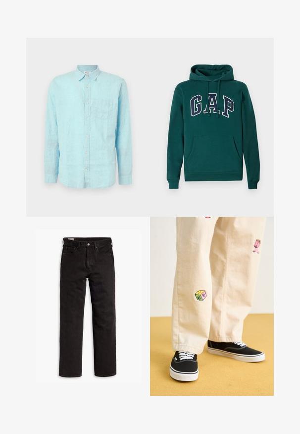 Felpa verde scuro in misto cotone, con un grande logo "G.A.P." in bianco e blu navy, tasca a marsupio frontale e cappuccio con coulisse.; GAP STANDARD - Camicia - aqua glaze; Jeans in denim neri a gamba dritta con cinque tasche, chiusura a bottone e passanti per cintura, adagiati su uno sfondo bianco.; Pantaloni di cotone beige con divertenti ricami che includono un personaggio rosa e un blocco colorato, abbinati a sneaker nere con lacci.