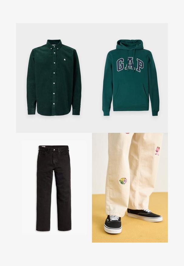 Sötétzöld kapucnis pulóver pamut keverékből, fehér és tengerészkék "G.A.P." logóval, elöl kenguruzsebbel és húzózsinóros kapucnival.; Sötétzöld kordbársony gombos ing, amely nyakkal, fehér gombokkal és egy apró hímzett logóval rendelkezik a bal mellkason. Normál fazon.; Fekete egyenes szárú farmernadrág öt zsebbel, gombos záródással és övhurkokkal, fehér háttéren elhelyezve.; Beige pamut nadrág játékos hímzett mintákkal, beleértve egy rózsaszín karaktert és színes blokkot, fekete fűzős tornacipővel párosítva.