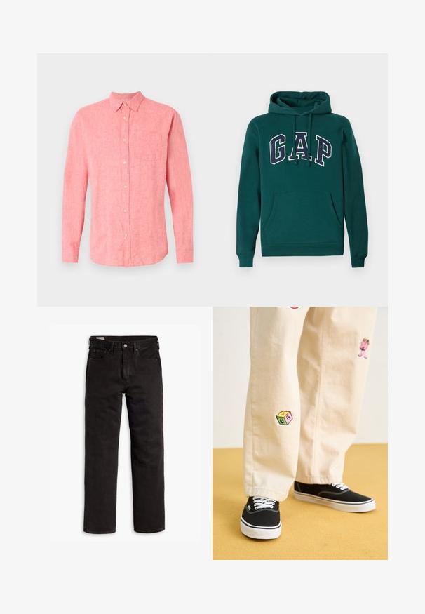 Felpa verde scuro in misto cotone, con un grande logo "G.A.P." in bianco e blu navy, tasca a marsupio frontale e cappuccio con coulisse.; Camicetta a maniche lunghe in lino rosa chiaro con chiusura a bottoni, taschino singolo sul petto e colletto classico. Tessuto morbido con una vestibilità casual.; Jeans in denim neri a gamba dritta con cinque tasche, chiusura a bottone e passanti per cintura, adagiati su uno sfondo bianco.; Pantaloni di cotone beige con divertenti ricami che includono un personaggio rosa e un blocco colorato, abbinati a sneaker nere con lacci.
