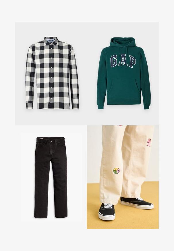 Felpa verde scuro in misto cotone, con un grande logo "G.A.P." in bianco e blu navy, tasca a marsupio frontale e cappuccio con coulisse.; Camicia a maniche lunghe in un motivo a quadri bianco e nero, realizzata in tessuto con una texture liscia. Caratterizzata da un colletto button-down e bottoni frontali.; Jeans in denim neri a gamba dritta con cinque tasche, chiusura a bottone e passanti per cintura, adagiati su uno sfondo bianco.; Pantaloni di cotone beige con divertenti ricami che includono un personaggio rosa e un blocco colorato, abbinati a sneaker nere con lacci.