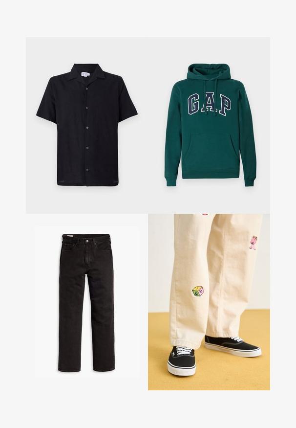 Hanorac de culoare verde închis, confecționat dintr-un amestec de bumbac, având un mare logo "G.A.P." în alb și bleumarin, un buzunar frontal tip marsupiu și glugă cu șnur.; Cămașă neagră cu mâneci scurte, realizată dintr-un material ușor. Prezintă un guler și închidere frontală cu cinci nasturi pe centru.; Jeans din denim negri cu picior drept, cu cinci buzunare, închidere cu nasture și bucle pentru curea, așezați plat pe un fundal alb.; Pantaloni din bumbac bej cu modele brodate jucăușe, inclusiv un personaj roz și un bloc colorat, asortați cu teniși negri cu șireturi.