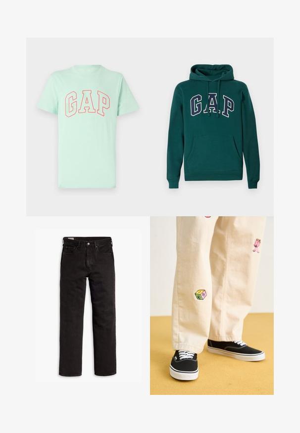 Tamsiai žalia medvilnės mišinio džemperis su dideliu "G.A.P." logotipu baltos ir tamsiai mėlynos spalvų, priekinė kengūros kišenė ir virvutė ant gobtuvo.; Mėtų žalios spalvos trumpomis rankovėmis marškinėliai su ryškiai raudonu „GAP“ logotipu arkinio dizaino. Pagaminti iš minkštos medvilnės audinio, su apvaliu iškirpimu.; Juodos tiesios kojų džinsinės kelnės su penkiomis kišenėmis, mygtuko užsegimu ir diržo kilpomis, išdėstytos plokščiai ant balto fono.; Bežinės medvilninės kelnės su žaismingais siuvinėjimais, įskaitant rožinį personažą ir spalvotą bloką, derinamos su juodais bateliais su raišteliais.