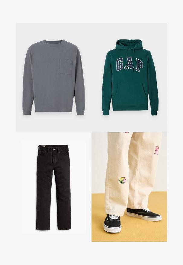 Tmavomodrá mikina z bavlneného zmesi, s veľkým logom "G.A.P." v bielej a námorníckej modrej farbe, prednou klokankou a kapucňou so šnúrkou.; GAP SUPER SOFT OVERSIZED - Top s dlhým rukávom - shark fin; Zelená flanelová košeľa s károvaným vzorom, ktorá obsahuje modré, biele a horčicovo žlté pruhy. Zapínanie na gombíky vpredu a špičatý golier. Dlhé rukávy.; Čierne džínsy s rovnými nohavicami, s piatimi vreckami, s rozopínaním na gombík a pútkami na opasok, položené na bielom pozadí.; Béžové bavlnené nohavice s hravými vyšívanými vzormi vrátane ružovej postavy a farebného bloku, skombinované s čiernymi šnurovacími teniskami.