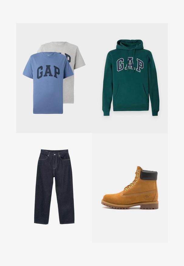 Tmavomodrá mikina z bavlneného zmesi, s veľkým logom "G.A.P." v bielej a námorníckej modrej farbe, prednou klokankou a kapucňou so šnúrkou.; Dvoje tričiek s krátkym rukávom a okrúhlym výstrihom, jedno modré a jedno šedé, obidve s veľkým námorníckym textom "GAP" na hrudi.; Tmavomodré džínsy s voľným strihom, so piatimi vreckami, kontrastným žltým prešívaním a zapínaním na gombík vpredu.; Tyrkysové semišové členkové topánky s čiernym polstrovaným golierom, zlatými kovovými očkami, bielym prešívaním a robustnou gumovou podrážkou s výraznými drážkami.
