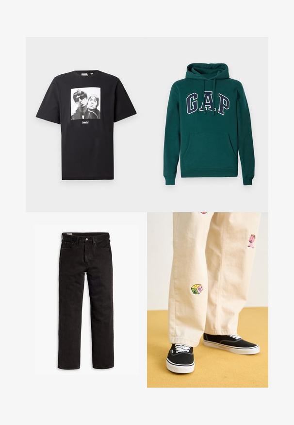 Donkergroene hoodie van een katoenmix, met een groot "G.A.P." logo in wit en marineblauw, een voorste kangoeroezak en een capuchon met trekkoord.; Zwarte katoenen t-shirt met een vierkante witte grafiek van twee figuren, met daaronder het logo "oasis". Korte mouwen, ronde hals.; Groene flanellen shirt met een ruitpatroon met blauwe, witte en mosterdgele lijnen. Met knopen aan de voorkant en een puntige kraag. Lange mouwen.; Zwarte recht gesneden denim jeans met vijf zakken, knoopsluiting en riemlussen, plat gelegd op een witte achtergrond.; Beige katoenen broek met speelse geborduurde ontwerpen, waaronder een roze figuur en een gekleurd blok, gecombineerd met zwarte veterschoenen.