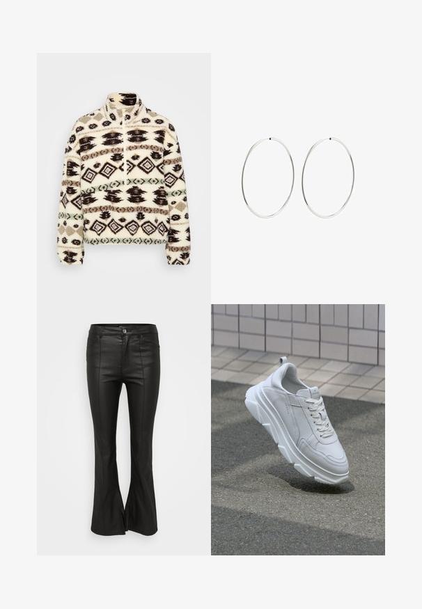 Fleece halv-zip pullover i crème, med geometriske mønstre i sort, brun og mint, med høj krave og ribbede manchetter.; Sorte udvidede bukser med en skinnende, læderlignende tekstur, der har frontlommer, knaplukning og slids i siderne ved kanten.; Hvide lædersneakers med en tyk, tekstureret gummisål, der har snørebåndslukning og syninger. Rund tå og design med ankelstøtte.; Sølvøreringe med en glat, rund design og en poleret overflade. De er tynde og lette, og har en simpel lås.
