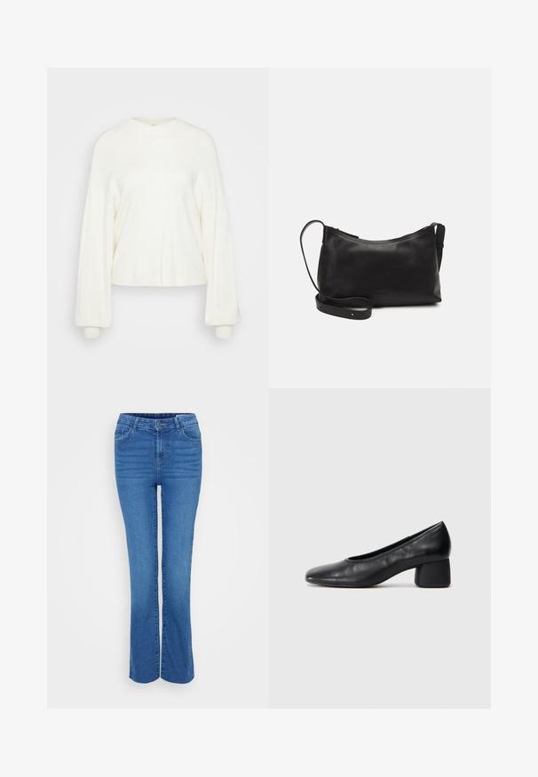 Sweater cropped branco feito de um tecido de malha macio. Apresenta um decote redondo e mangas longas e oversized com punhos ajustados. Design simples.; Calças de ganga azuis de boca larga com cintura média, design de cinco bolsos e desvanecimento subtil na parte da frente, apresentando passadores para cinto e fecho de correr.; Sapato de salto preto em couro com bico arredondado e salto médio bloco. Textura suave com detalhes mínimos, apresentando uma abertura elástica discreta.; Bolsa de ombro em pele preta com textura suave, forma curva, alça ajustável e fecho com zip. Design minimalista sem adornos.