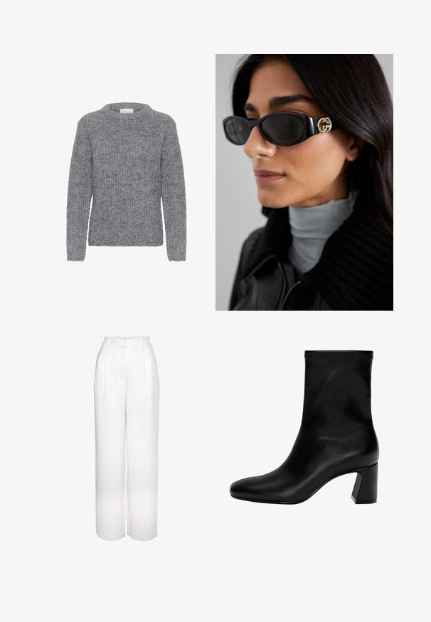 Grijze gebreide trui met lange mouwen, ronde halslijn en een textuurpatroon. Zachte stof met een losse pasvorm en ribbelstructuur.; Wijduitlopende broek van witte polyester, met plooien en een aangesloten tailleband met riemlussen. Gladde textuur en minimale ontwerpelementen.; Zwarte enkellaars van soepel leer. Heeft een vierkante neus, een elastische bovenkant en een chunky hak voor stabiliteit. Minimalistisch ontwerp.; Zwarte zonnebril met een stijlvolle rechthoekige montuur en een gouden logo-accent aan de zijkant. Donkere lenzen en een glanzende afwerking zijn opvallend.; Grijze handtas met textuur, voorzien van een gevoerde handgreep, gaasaccenten, verstelbare schouderband en een sluiting aan de voorkant. Compact ontwerp met een ronde vorm.
