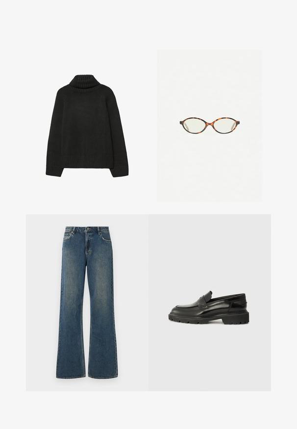 Schwarzer Rollkragenpullover mit geripptem Kragen, Saum und Bündchen. Hergestellt aus einem weichen Strickmaterial, mit lässiger Passform und nahtlosem Design.; Weite jeans aus Denim in mittlerem Blau mit einem gefallenen Finish. Verfügt über fünf Taschen, Gürtelschlaufen und einen Metallknopfverschluss. Baumwollgewebe.; Schwarze Leder Slipper mit abgerundetem Zehenbereich, dickem strukturiertem Profil und dezenten Nähdetails. Auf der Rückseite befindet sich ein kleines Logo.; Schildpatt-Eyegläser mit ovalen Gläsern und einer eleganten, glatten Oberfläche. Mit dünnen Seiten und einer subtilen Kurve an den Schläfen. Klare Gläser.; Schwarze Lederhandtasche mit einer geschwungenen Form, verstellbaren doppelten Griffen und einem goldenen Markenlogo auf der Vorderseite. Glatte Textur, minimalistisches Design.