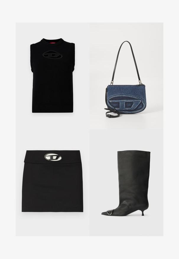 Haut sans manches noir en tricot avec un décolleté rond ; présente un logo ovale texturé au centre et des accents côtelés le long des emmanchures.; Mini-jupe noire avec une taille plate. Dotée d'une boucle logo métallique proéminente à l'avant. Fabriquée en tissu lisse sans motifs visibles.; Bottines en cuir noir à bout pointu, petite talon et détail métallique sur le bout. Texture lisse et mate partout.; Sac bandoulière en denim avec une sangle en cuir noir, design de logo ovale à l'avant et fermeture éclair sur le dessus. Fini texturé.