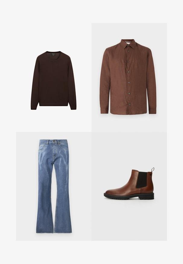 Hnědý svetr s dlouhým rukávem, kulatým výstřihem a žebrovanými manžetami. Vyrobeno z jemné, hladké tkaniny s jednoduchým, jednobarevným designem.; Hnědá lněná košile s dlouhým rukávem, s knoflíkovým zapínáním vpředu, rozšířeným límcem a černými knoflíky. Hladký povrch s mírně pomačkaným vzhledem.; Světle modré zvonové džíny s polovinou pasu, designem s pěti kapsami a viditelnými švy. Hladká textura s mírným vyblednutím.; Jack & Jones JFWHOSKINS - Kotníkové boty - cognac