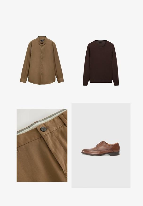 Maglione marrone a maniche lunghe con scollo rotondo e polsini a coste. Realizzato in un tessuto morbido e liscio con un design semplice e un colore uniforme.; Camicia marrone a maniche lunghe realizzata in tessuto liscio; presenta un colletto classico, chiusura con bottoni e un orlo curvo.; Pantaloni in cotone marrone con chiusura a bottone, zip e tessuto a contrasto in vita. Presentano cuciture curate e una finitura testurizzata.; Scarpa da uomo in pelle marrone con finitura liscia, punta arrotondata, allacciatura con cinque occhielli e tacco basso e piatto. Sottile cucitura decorativa sui lati.