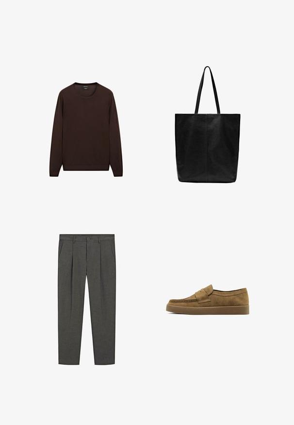 Brauner Pullover mit langen Ärmeln, Rundhalsausschnitt und gerippten Bündchen. Hergestellt aus einem weichen, glatten Stoff mit einem schlichten, einfarbigen Design.; Graue Tailored-Pants mit einem Nadelstreifenmuster, gefalteter Vorderseite, Seitentaschen und einem Knopfverschluss. Aus gewebtem Stoff mit glatter Textur.; Braunes Wildleder-Slipper mit flacher Sohle, ausgestattet mit einem dekorativen Riemen über der Vorderseite und einem sauberen, minimalistischen Design.; Schwarze Leder-Tragetasche mit langen, flachen Griffen. Einfaches Design, rechteckige Form, glatte Textur und keine sichtbaren Beschläge oder Verzierungen.