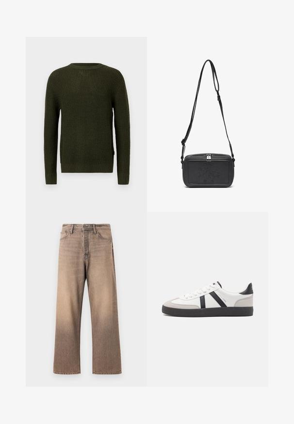 Olivno zeleno pleteno pulover s okroglo izrezom, dolgimi rokavi in rebrastimi manšeti. Opremljen je z teksturiranim vzorcem in udobnim krojem.; Široke kavbojke z gradientno rjavo pranje, ki vključujejo klasičen design s petimi žepi, pasne zanke in kontrastno šivanje na gladki denim teksturi.; Bela športna obutev z črnimi in sivo akcenti, z teksturirano sivo kapico za prste, črnim gumijastim podplatom in ravnimi belimi vezalkami. Čista zasnova, minimalistični slog.; Črna usnjena torbica čez ramo z zadrgo, embosirano logotipom spredaj in nastavljivim pasom. Gladka površina z pravokotno obliko.