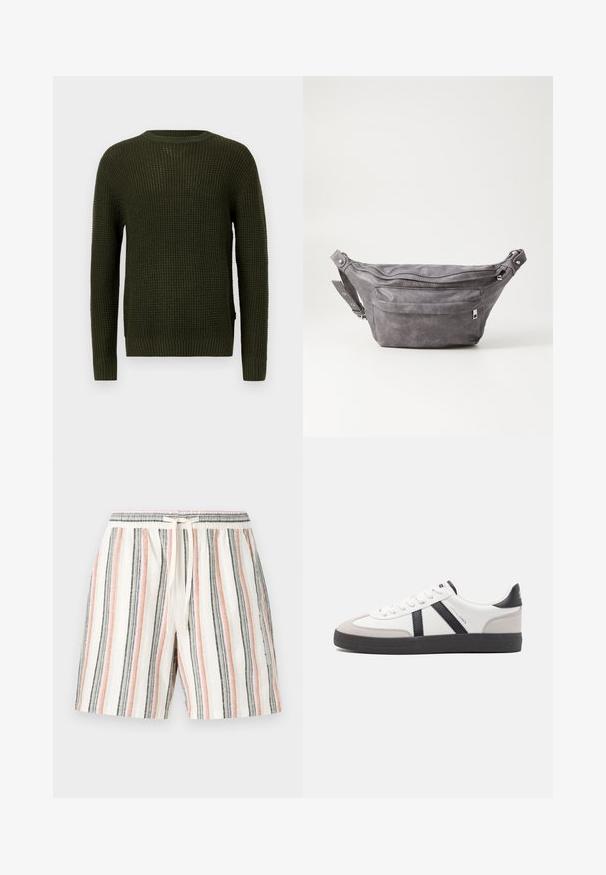 Maslinasto zeleni pleteni pulover s okruglim izrezom, dugim rukavima i rebrastim manžetama. Sadrži teksturirani uzorak i opušteni kroj.; Prugaste kratke hlače napravljene od laganog materijala, s vertikalnim prugama u bijeloj, ružičastoj, sivoj i crnoj boji, elastičnim pojasom i vezicom.; Bijele tenisice s crnim i sivim detaljima, s teksturiranim sivim zaštitnikom prstiju, crnim gumene potplate i ravnim bijelim vezicama. Čist dizajn, minimalistički stil.; Siva zamšasta torbica preko struka sa zaobljenim oblikom, dva zip zatvorena odjeljka i podesivim remenom. Sadrži metalne naglaske.