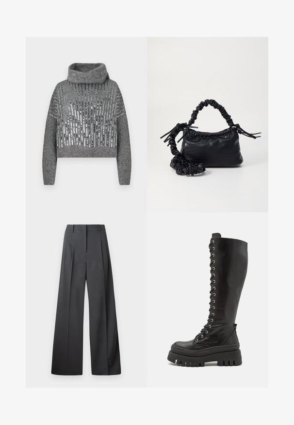 Grå kort sweater med høj hals, der har skiftende lodrette striber af metalliske pailletter og strikket tekstur. Ribkanter ved ærmerne og i kanten.; Bredde benbukser i mørkegrå stof, med høj talje, enkelte læg og en glat tekstur med en ren finish ved kanten.; Steve Madden CARINA - Plateaustøvler - black; Sort kunstlæder håndtaske med krokodilteksur, indsnøret top og en sammenkrøben rem. Ser blød og kompakt ud i designet.