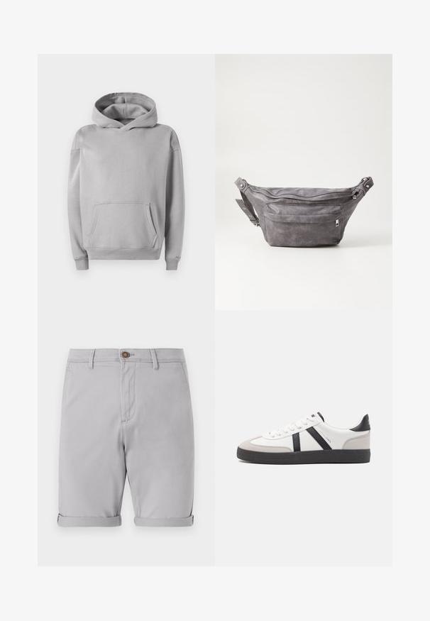 Grauer Kapuzenpullover aus weichem Stoff, mit einer Vordertasche, gerippten Bündchen und einem lässigen Schnitt. Glatte Textur mit minimalistischem Design.; Helle graue Baumwollshorts mit umgeschlagenen Säumen, einem einzelnen Knopfverschluss vorne und seitlichen Taschen, die eine glatte Textur und ein maßgeschneidertes Design aufweisen.; Weiße Sneaker mit schwarz- und grau-aczenten, ausgestattet mit einer strukturierten grauen Zehenkappe, schwarzer Gummi-Sohle und flachen weißen Schnürsenkeln. Sauberes Design, minimalistische Stil.; Graue Wildleder-Gürteltasche mit runder Form, zwei mit Reißverschluss verschlossenen Fächern und verstellbarem Trageriemen. Mit metallischen Hardware-Akzenten.