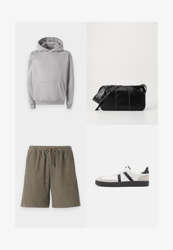 Šedá mikina s kapucí vyrobená z měkké tkaniny, se přední kapsou, žebrovanými manžetami a volným střihem. Hladký povrch s minimalistickým designem.; Olivově zelené bavlněné kordové kraťasy s texturovanými vertikálními pruhy, elastickým pasem a nastavitelnou šňůrkou pro komfort.; Bílé tenisky s černými a šedými akcenty, opatřené texturovaným šedým prstovým krytem, černou gumovou podrážkou a plochými bílými tkaničkami. Čistý design, minimalistický styl.; Černá kožená kabelka přes rameno se zapínáním na zip, s texturovaným tělem, bílým prošíváním a popruhem se stříbrnými očky.
