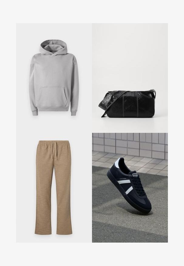 Sweatshirt à capuche gris en tissu doux, avec une poche avant, des poignets côtelés et une coupe décontractée. Texture lisse avec un design minimal.; Pantalons beiges avec un motif texturé, dotés d'une taille élastique avec cordon de serrage. Conception à jambes droites avec un léger bas évasé.; Sneaker en cuir noir avec des rayures blanches, semelle en caoutchouc texturée et devant à lacets. Présente une étiquette de marque sur la languette.; Sac à épaule en cuir noir avec une fermeture éclair, doté d'un corps texturé, de coutures blanches et d'une sangle avec des œillets en argent.