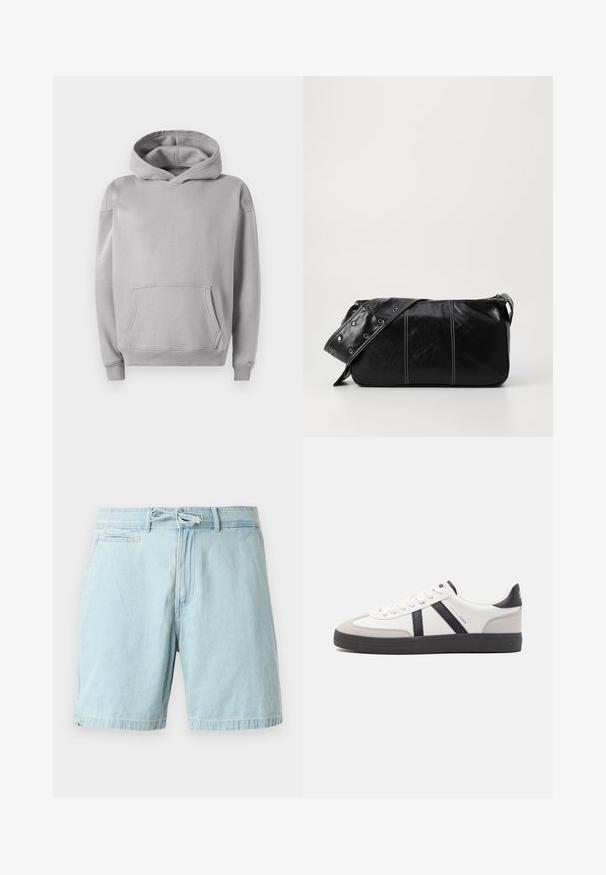 Pelēka kapuce svīteris, kas izgatavots no mīksta auduma, ar priekšējo kabatu, ribinātām piedurknēm un ikdienišķu piegriezumu. Gluda tekstūra ar minimālu dizainu.; Gai zila denima šorti ar elastīgu jostasvietu un uzsietu detaļu, ar sānu kabatām un brīvu piegriezumu. Gluda tekstūra, ikdienišķs dizains.; Baltas sneakeris ar melniem un pelēkiem akcentiem, kuram ir teksturēts pelēks purngals, melna gumijas zole un plakanas baltas šņores. Tīrs dizains, minimālisma stils.; Melnas ādas plecu soma ar rāvējslēdzēja aizdari, ar teksturētu virsmu, baltu dūrienu un siksnu ar sudraba iekavām.