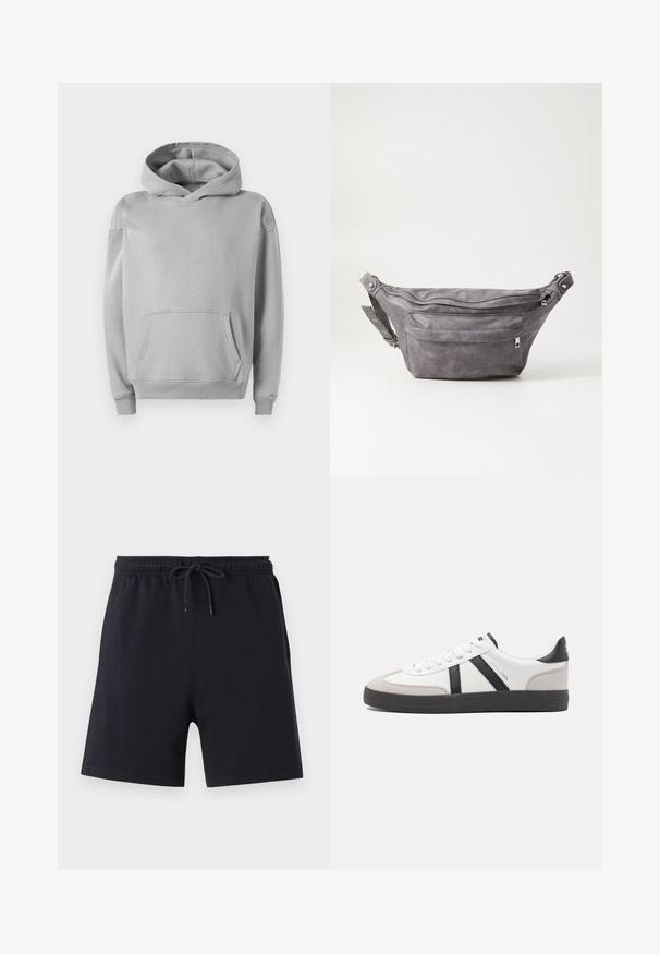 Grey hooded sweatshirt made of soft fabric, featuring a front pocket, ribbed cuffs, and a casual fit. Smooth texture with a minimal design.; Black cotton shorts with an elastic waistband and drawstring, featuring a simple design and smooth texture.; White sneaker with black and gray accents, featuring a textured gray toe cap, black rubber sole, and flat white laces. Clean design, minimalist style.; Gray suede fanny pack with a rounded shape, two zippered compartments, and adjustable strap. Features metal hardware accents.