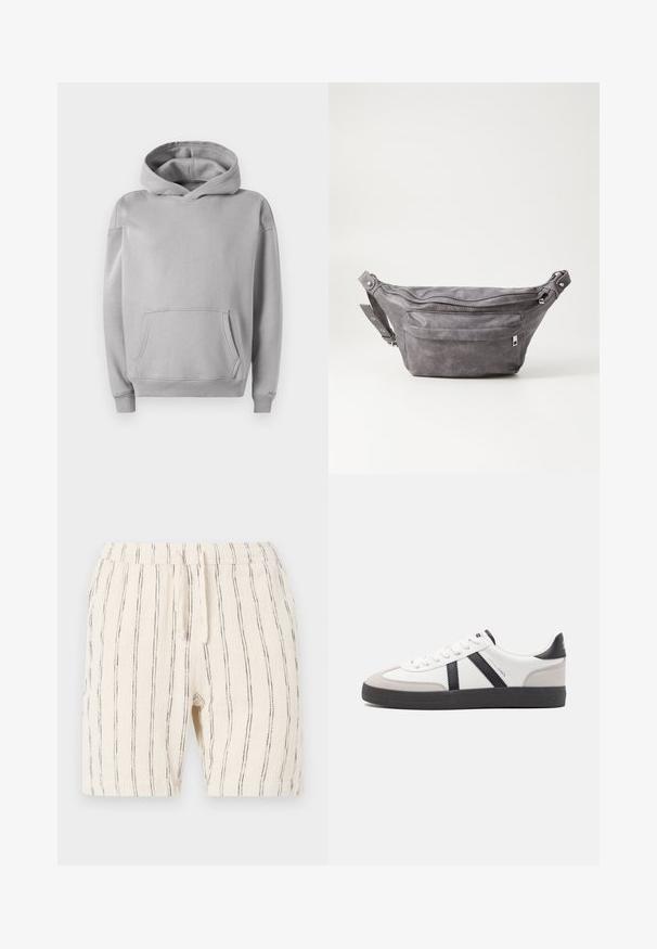 Felpa grigia con cappuccio realizzata in tessuto morbido, dotata di tasca frontale, polsini a costine e una vestibilità casual. Texture liscia con un design minimalista.; Pantaloni corti beige con strisce nere verticali, dotati di una vita elastica con cordoncino, realizzati in un tessuto testurizzato.; Sneaker bianco con accenti neri e grigi, dotata di una punta grigia testurizzata, suola in gomma nera e lacci bianchi piatti. Design pulito, stile minimalista.; Fanny pack in suede grigio con forma arrotondata, due scomparti con cerniera e tracolla regolabile. Presenta dettagli in metallo.