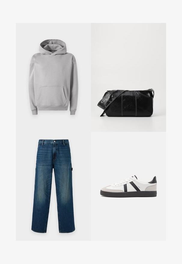 Szürke kapucnis pulóver puha anyagból, elülső zsebbel, bordás mandzsettákkal és laza fazonnal. Simább textúra minimalista dizájnnal.; Bő szárú kék farmernadrág, elhalványult részletekkel, hagyományos gombos és cipzáras záródással, bal oldalon zsebbel.; Fehér sneaker fekete és szürke részletekkel, textúrált szürke orr résszel, fekete gumitalppal és lapos fehér fűzőkkel. Tiszta dizájn, minimalista stílus.; Fekete bőr válltáska, cipzárral zárva, texturált felülettel, fehér varrással és ezüst fémgyűrűs pánttal.