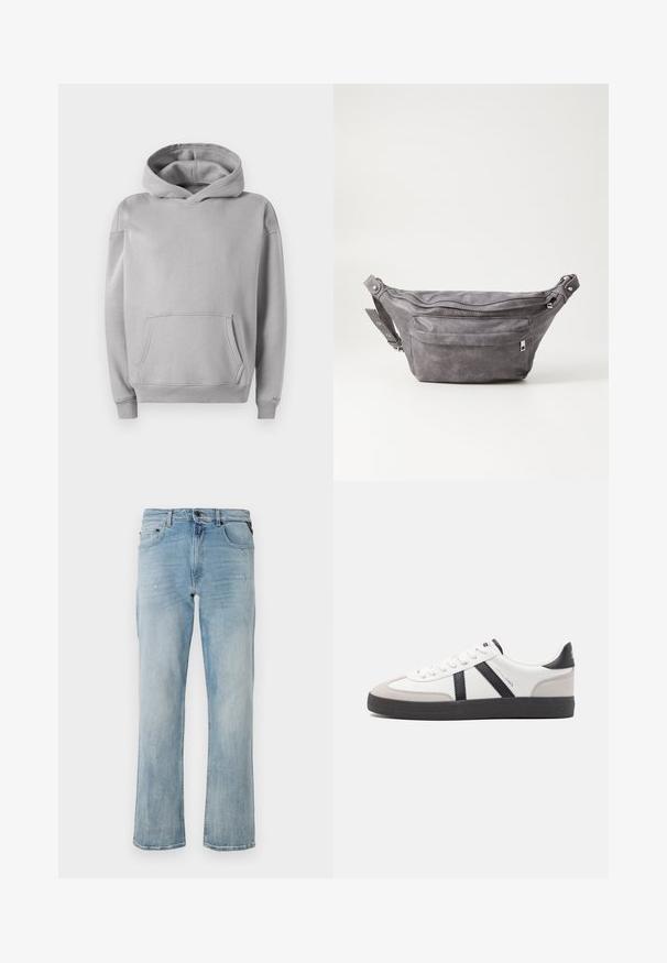 Siva kapuca majica iz mehkega materiala, z sprednjim žepom, ribastimi manšetami in sproščenim krojem. Gladka tekstura z minimalnim dizajnom.; Svetlo modri denim kavbojke s sproščenim krojem, ki vključujejo subtilne poškodbe in klasično pet-žepno zasnovo.; Bela športna obutev z črnimi in sivo akcenti, z teksturirano sivo kapico za prste, črnim gumijastim podplatom in ravnimi belimi vezalkami. Čista zasnova, minimalistični slog.; Sivkasta zamšasta torbica s okroglo obliko, dvema žepoma na zadrgo in nastavljivim trakom. Ima kovinske dodatke.