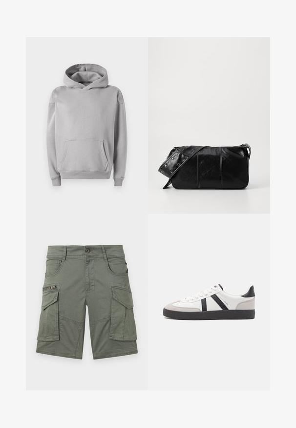 Felpa grigia con cappuccio realizzata in tessuto morbido, dotata di tasca frontale, polsini a costine e una vestibilità casual. Texture liscia con un design minimalista.; Pantaloni cargo verde oliva realizzati in tessuto misto cotone. Presentano multiple tasche, inclusa una tasca con zip, e dettagli di cucitura robusti.; Sneaker bianco con accenti neri e grigi, dotata di una punta grigia testurizzata, suola in gomma nera e lacci bianchi piatti. Design pulito, stile minimalista.; Borsa a spalla in pelle nera con chiusura a zip, caratterizzata da un corpo testurizzato, cuciture bianche e una tracolla con occhielli in argento.