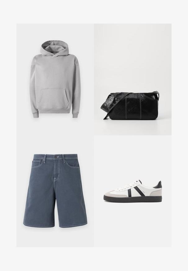 Szürke kapucnis pulóver puha anyagból, elülső zsebbel, bordás mandzsettákkal és laza fazonnal. Simább textúra minimalista dizájnnal.; Sötétkék pamut rövidnadrág, fehér varrással, öt zsebbel és gombos derékkal. Egyenes lábpayálású, minimális részletezéssel.; Fehér sneaker fekete és szürke részletekkel, textúrált szürke orr résszel, fekete gumitalppal és lapos fehér fűzőkkel. Tiszta dizájn, minimalista stílus.; Fekete bőr válltáska, cipzárral zárva, texturált felülettel, fehér varrással és ezüst fémgyűrűs pánttal.