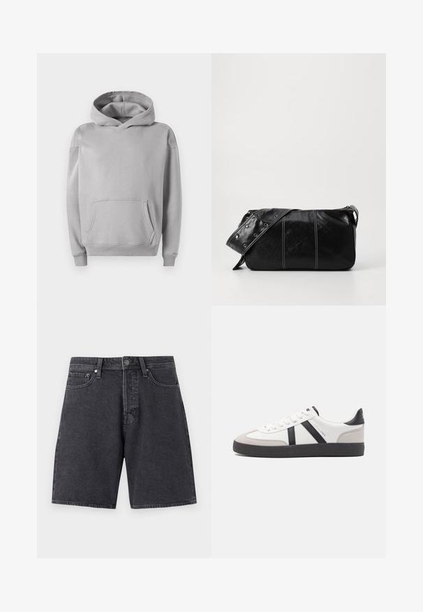 Šedá mikina s kapucí vyrobená z měkké tkaniny, se přední kapsou, žebrovanými manžetami a volným střihem. Hladký povrch s minimalistickým designem.; Džínové šortky v tmavě šedé barvě se rovný střih. Mezi jejich funkce patří dvě přední kapsy, jedna zadní kapsa a kovové zapínání na knoflík.; Bílé tenisky s černými a šedými akcenty, opatřené texturovaným šedým prstovým krytem, černou gumovou podrážkou a plochými bílými tkaničkami. Čistý design, minimalistický styl.; Černá kožená kabelka přes rameno se zapínáním na zip, s texturovaným tělem, bílým prošíváním a popruhem se stříbrnými očky.