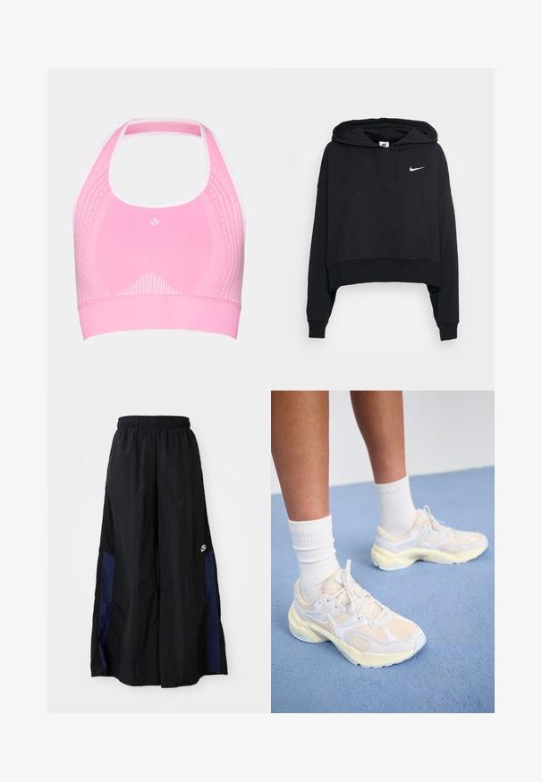 Sudadera de corte corto y capucha negra, hecha de tela de sudadera. Presenta un bolsillo frontal tipo canguro y un logo de Nike en blanco en la parte superior izquierda.; Sujetador deportivo rosa con diseño de cuello halter, que presenta sutiles patrones blancos y una textura acanalada a lo largo de la banda en la parte inferior.; Pantalones de pierna ancha negros, confeccionados en una tela ligera, con un panel lateral azul marino y una cinturilla elástica. Logotipo blanco pequeño en la parte inferior.; Zapatos deportivos elegantes en amarillo pálido y blanco, con materiales de malla y sintéticos, una forma redondeada y suelas texturizadas.