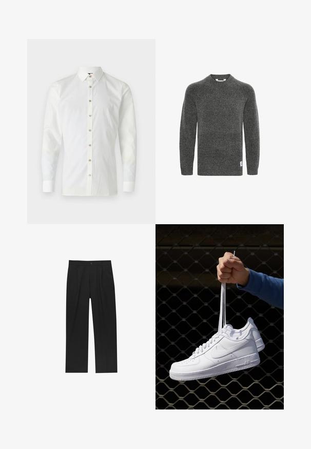 Maglione grigio in lana con maniche lunghe, scollo a girocollo e polsini a coste. Presenta un piccolo etichetta sul lato inferiore. Texture morbida.; Camicia bianca a maniche lunghe realizzata in tessuto liscio, con colletto a punta, chiusura frontale con bottoni marroni chiari e maniche con polsini.; Pantaloni neri con un design a gamba dritta, realizzati in un tessuto liscio. Presentano pieghe frontali e una chiusura a un bottone in vita.; Sneakers in pelle bianca con perforazioni, punta rotonda, suola piatta e lacci spessi, con logo swoosh visibile e "AIR" sul tallone.
