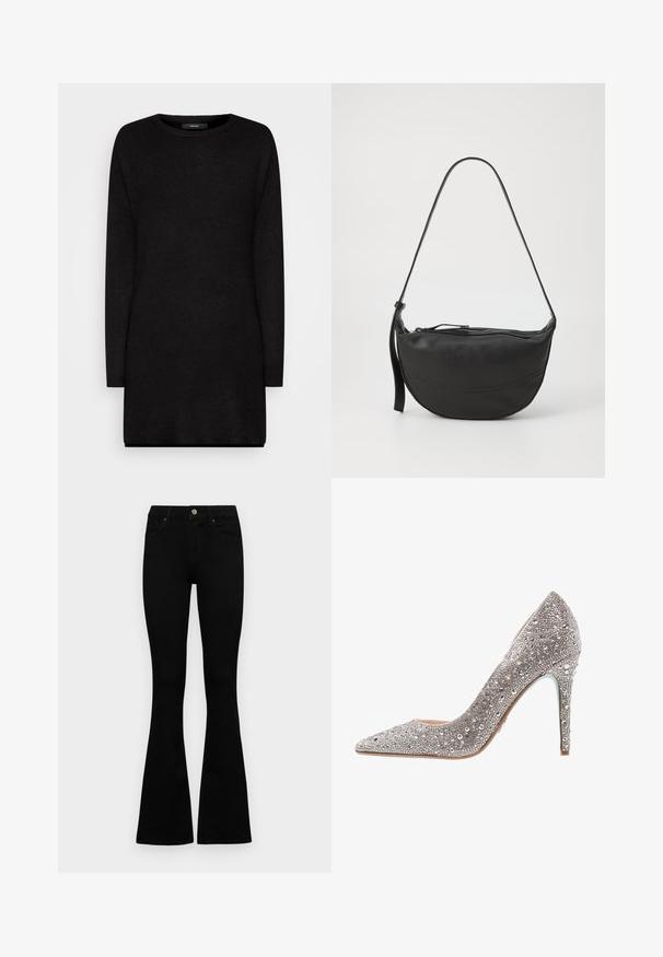 Pulover negru din tricot cu mâneci lungi, guler rotund și croială lejeră, având o textură moale și margini ribbed pentru un plus de detaliu.; Jeans negri cu talie înaltă, cu închidere prin nasture și fermoar, buzunare frontale și picioare evazate, așezați pe un fundal alb.; Pantofii cu toc înalt argintii, strălucitori, au vârful ascuțit și sunt decorați cu paiete și pietre prețioase, având un toc subțire și o talpă netedă.; Geantă de umăr din piele neagră, cu formă curbată, curea unică, închidere cu fermoar și detalii subtile de cusătură pe corp.