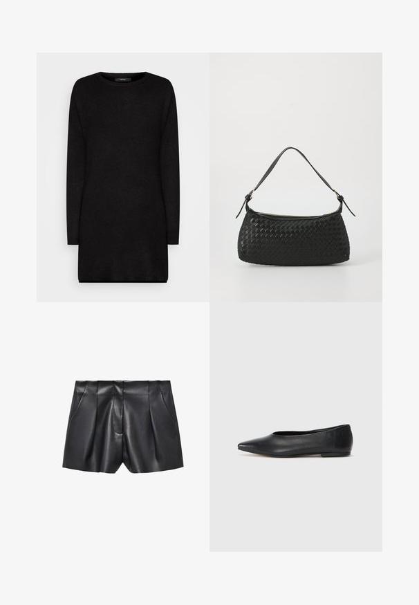 Čierny pletený sveter s dlhými rukávmi, okrúhlym výstrihom a voľným strihom, s jemnou textúrou a rebrovanými okrajmi pre zvýraznenie detailov.; Čierne kožené šortky s hladkou textúrou, s plisovaným dizajnom, dvoma bočnými vreckami a prispôsobeným strihom.; Čierne kožené baletky, špicatý špička, minimalistický dizajn, hladká textúra, nízky podpätok, bez viditeľných prvkov alebo ozdôb.; Čierna tkaná taška cez plece s hladkým koženým remienkom a zipsovým uzáverom. Disponuje štruktúrovaným povrchom a zakriveným tvarom.