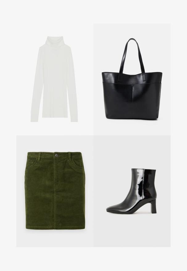 Biely rebrovaný rolák s dlhými rukávmi, mäkkou textúrou a vysokým rolovaným golierom, s priliehavým strihom a bez viditeľných zapínaní.; Tmavozelená kordové sukňa s rovný strihom, s dizajnom piatich vreciek a kovovým zapínaním na tlačidlo v páse.; Čierne lakované členkové topánky s špicatou špičkou a stredne vysokým blokovým podpätkom. Hladká textúra a minimalistický dizajn.; Čierna kožená tote taška s dvoma dlhými rúčkami, hladkým povrchom a štruktúrovaným tvarom. Obsahuje prednú kapsu pre dodatočné uskladnenie.