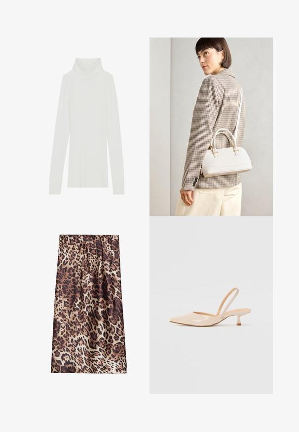 Valge ribaga kõrge kaelusega kampsun pikkade varrukatega, pehme tekstuuriga ja liibuva kujundusega, ilma nähtavate kinnitusteta.; Leopardi prindiga kangas pruuni ja mustade laikude ja beeži taustaga, pehme tekstuuriga ja kogutud vöökoha disainiga.; Beežist lakitud nahast slingback kontsad terava nina ja peene ruudukujulise kontsaga. Sile tekstuur ja minimalistlik disain ilma kaunistusteta.; Valge struktureeritud käekott lühikeste käepidemete ja õlavööga, millel on kuldse riistvara aktsendid ja tekstuuriga materjal, eksponeeritud halli taustal.