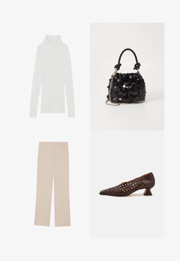 Bílý žebrovaný rolák s dlouhými rukávy, měkká textura a vysoký rolák, s fitted designem a bez viditelných zapínání.; Béžové široké kalhoty s hladkou texturou, se střihem na míru, dvěma předními kapsami a jemným záhybem podél nohavic.; Hnědé tkané kožené lodičky s špičatou špičkou, otevřeným výřezovým designem, nízkým tvarovaným podpatkem a hladkým vnitřním podšívkou.; Černá mini kabelka s flitry, s uzlovým texturovaným popruhem a stříbrným řetízkem. Zaoblený tvar s nařaseným vrchem a reflexními detaily.