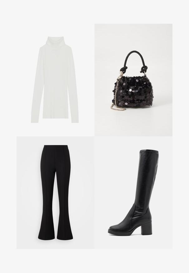 Bijela rebrasta rolka s dugim rukavima, mekane teksture i visokim ovratnikom, sa krojem koji se dobro prilagođava tijelu i bez vidljivih kopčanja.; Crne široke hlače izrađene od rastezljivog materijala, s glatkom teksturom, visokim strukom i šavom duž prednjeg dijela.; Crne čizme do koljena od glatke kože s masivnom petom i zaobljenim vrhom. Imaju bešavni dizajn i suptilne šavove.; Crna mini torbica sa šljokicama, s čvorastim teksturiranim remenom i srebrnim lancem. Zaobljenog oblika s naboranim vrhom i reflektivnim detaljima.