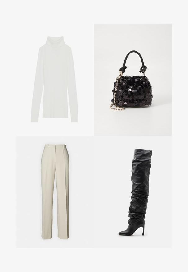 White ribbed turtleneck sweater with long sleeves, soft texture, and a high roll collar, featuring a fitted design and no visible fastenings.; Beige tailored trousers with a straight cut, featuring front pleats, a flat waistband, and smooth texture for a clean finish.; Black leather over-the-knee boot with a slouchy design, pointed toe, and a stiletto heel. Features soft texture and gathered detailing.; Black sequin mini handbag with a knotted textured strap and silver chain. Rounded shape with gathered top and reflective detailing.