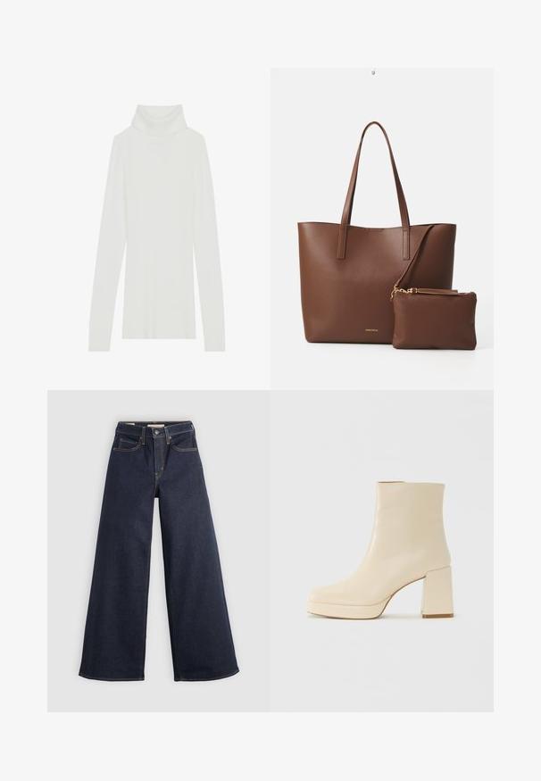Biely rebrovaný rolák s dlhými rukávmi, mäkkou textúrou a vysokým rolovaným golierom, s priliehavým strihom a bez viditeľných zapínaní.; Džíny s širokými nohavicami v tmavomodrej farbe s kontrastným šitím. Obsahujú tradičný dizajn s piatimi vreckami a zapínanie na gombík v páse.; Béžová kožená členková obuv s blokovým podpätkom a platformou, hladký povrch a mierne štvorcová špička, orientovaná doľava na bielom pozadí.; Hnedá taška z umelej kože s dvoma dlhými uchami a zodpovedajúcou malou taštičkou. Povrch má textúrovaný vzor a akcenty zlatého kovania.