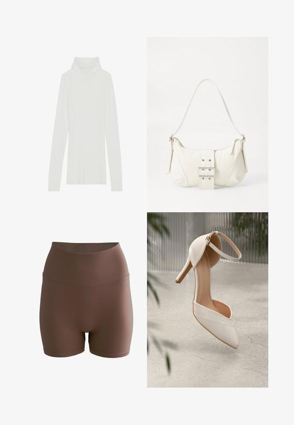 Bílý žebrovaný rolák s dlouhými rukávy, měkká textura a vysoký rolák, s fitted designem a bez viditelných zapínání.; aim’n® SHAPE SEAMLESS - Šortky - brown; Bílé lodičky na vysokém podpatku z hladkého materiálu s špičatou špičkou a popruhem kolem kotníku. Vyznačují se světle hnědým interiérem a akcenty zlatého barevného kovu.; Bílá kabelka na rameno s texturovaným povrchem, centrálním akcentem v podobě spony a zakřiveným tvarem. Zipové uzávěry na obou stranách.